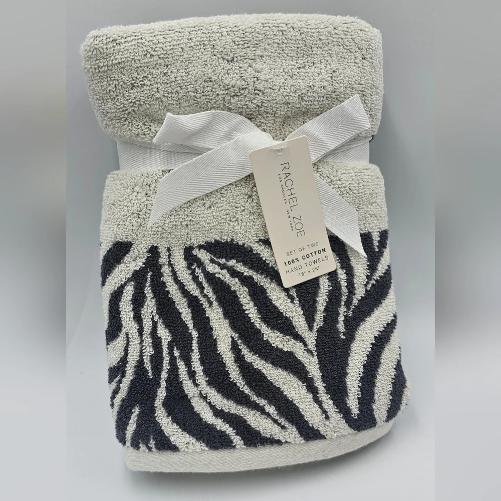 Rachel Zoe 2 Piece Zebra Print White Gray 100% Cotton Hand Towel Set OEKO TEX